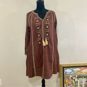 Uncle Frank Brown 100% Cotton Dress/Tunic with Embroidery, Tasseled, Size Small